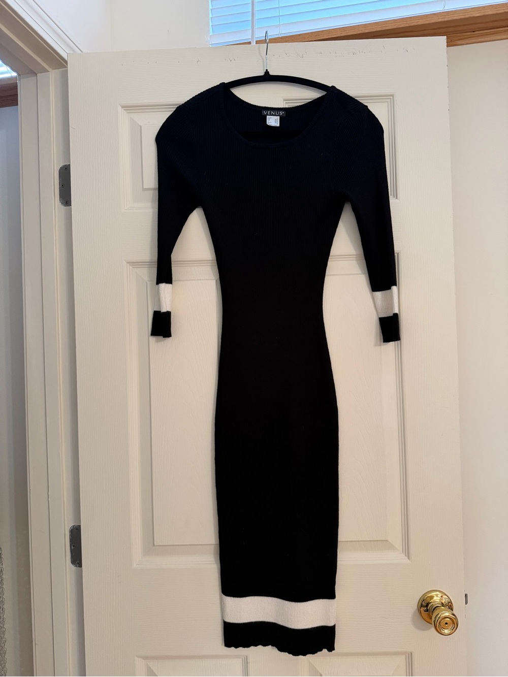 VENUS Black Midi Dress with White Sleeve and Hem Bands - Picture 3 of 4